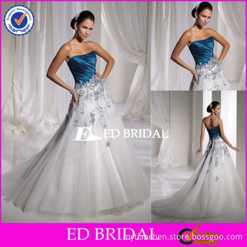 XL001 2014 Hot Sale Cheap Lace Applique Ball Gown Royal Blue And White Wedding Dresses